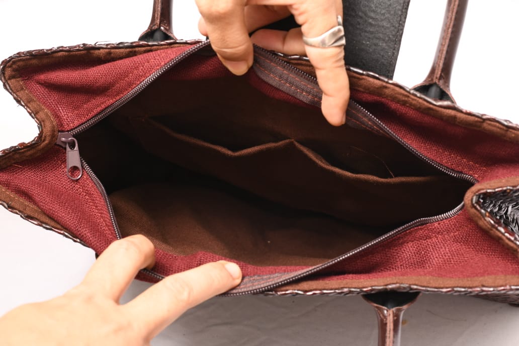 Holdall Woven Bag with Brown Faux Leather