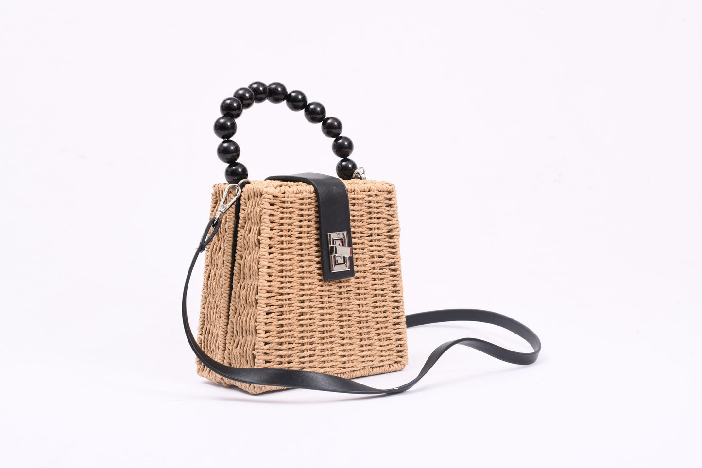 Woven beaded handle straw Slingbag. - Beige