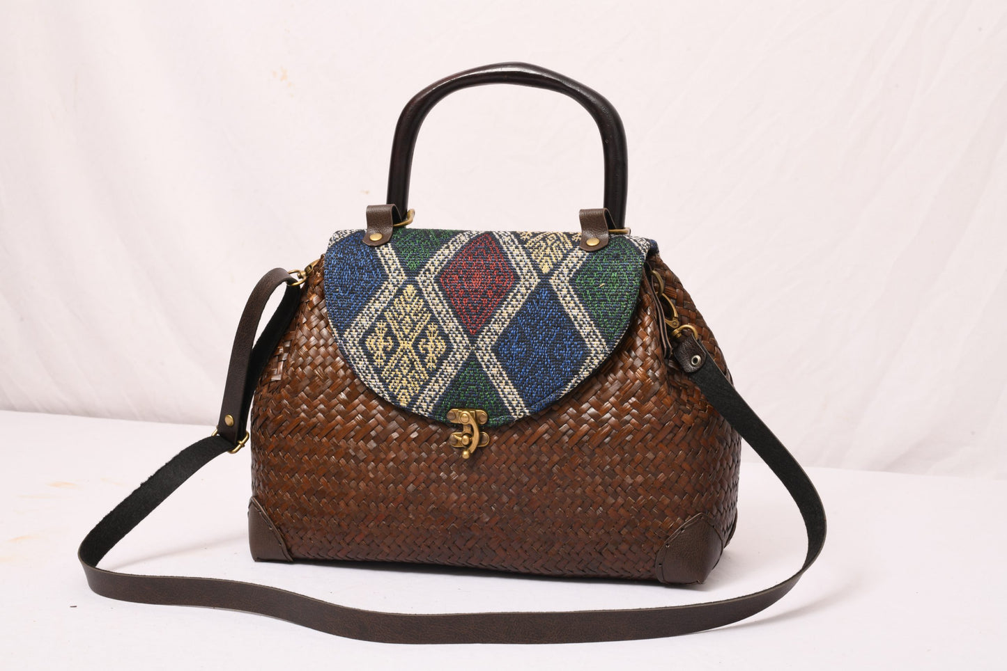 Woven Handbag with Fabric Flap