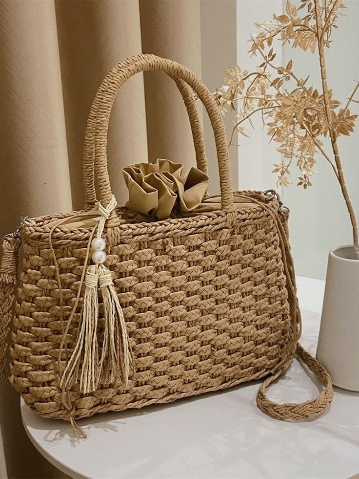 Straw tassel with faux pearl strawbag