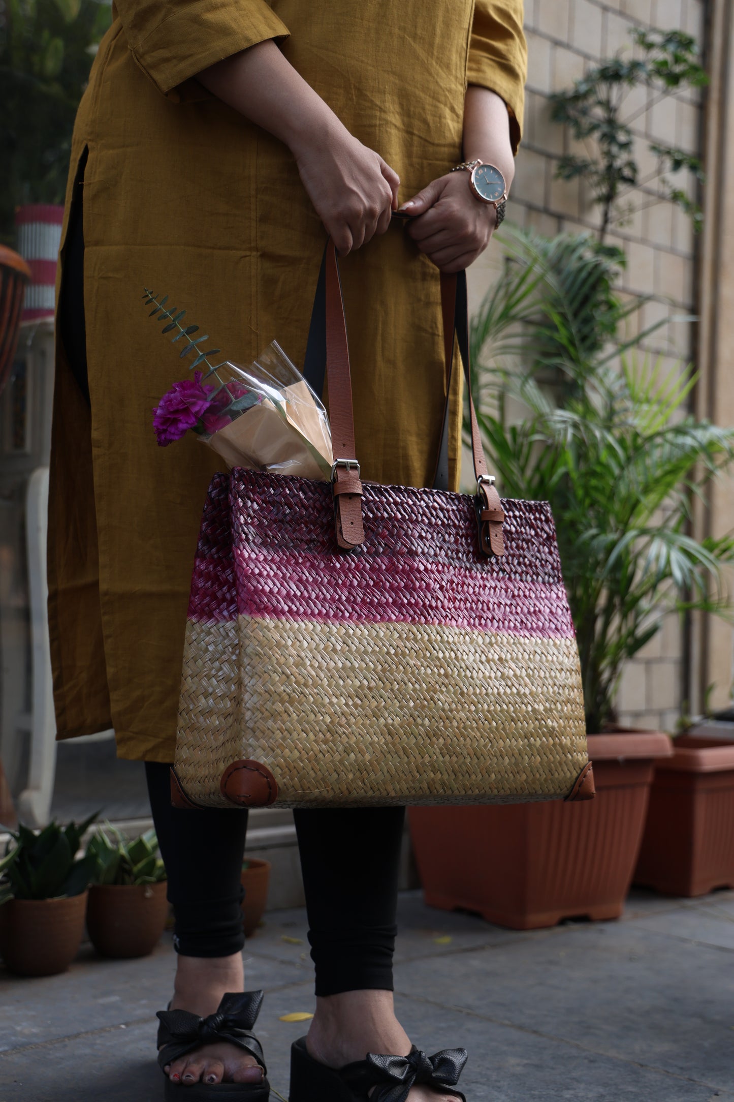 Straw Shopper Bag Pink