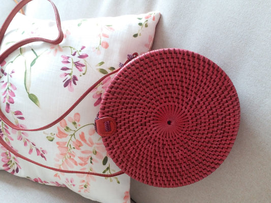 Round Rattan Bag - Maroon