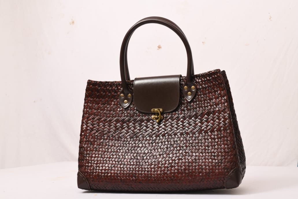 Holdall Woven Bag with Brown Faux Leather