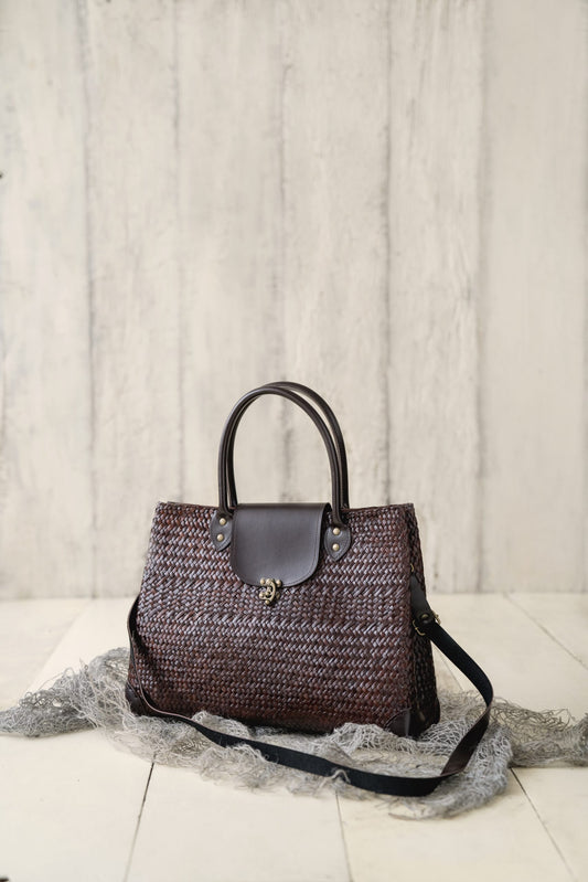 Holdall Woven Bag with Brown Faux Leather