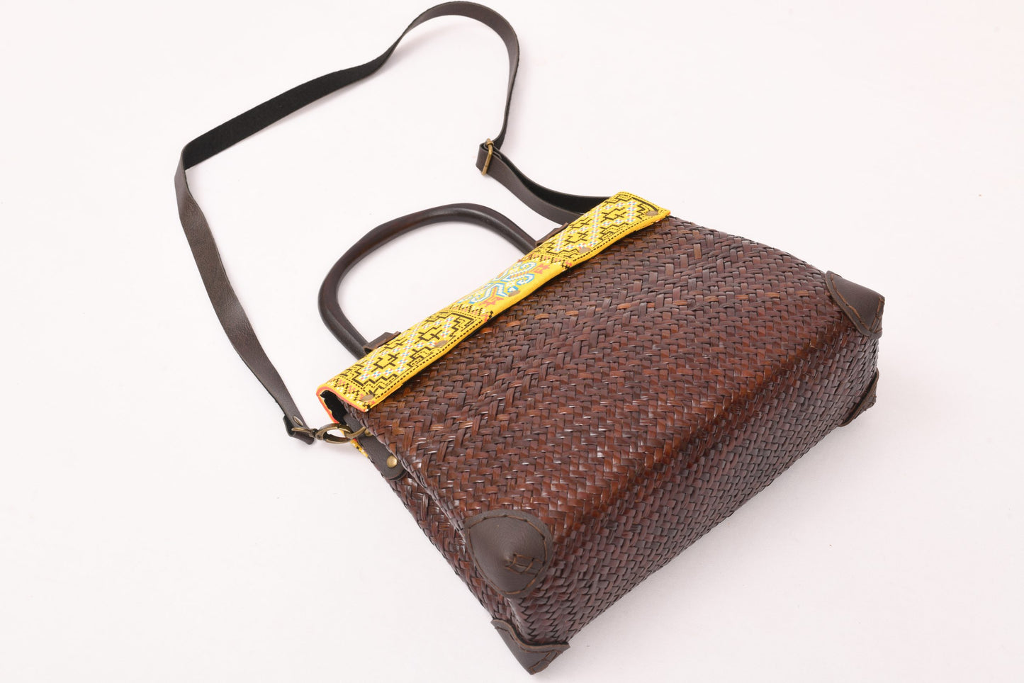 Brown Woven Bag with Yellow Fabric