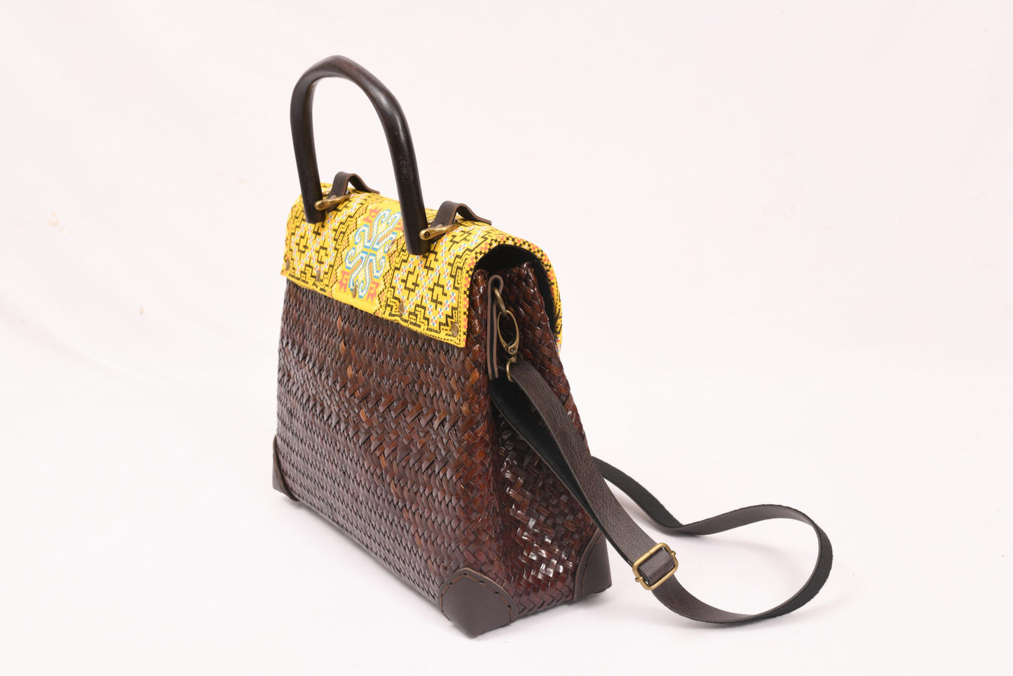 Brown Woven Bag with Yellow Fabric