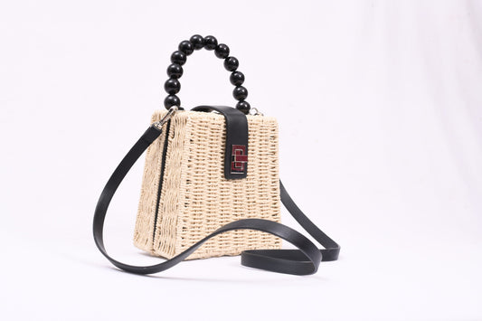 Woven beaded handle straw Slingbag. - Cream