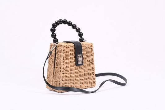 Woven beaded handle straw Slingbag. - Beige