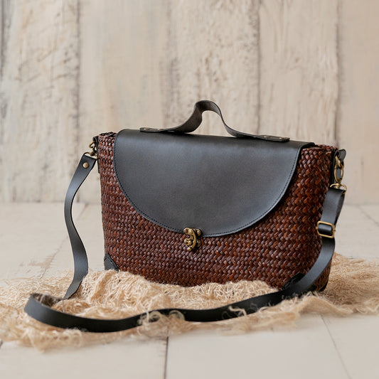 Woven Handbag with Faux Leather Flap