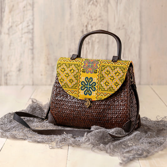 Brown Woven Bag with Yellow Fabric