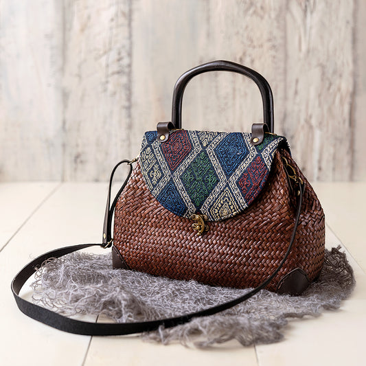 Woven Handbag with Fabric Flap