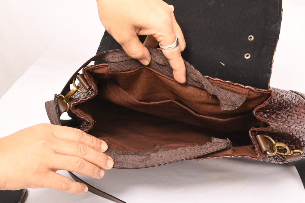 Handbag with fabric flap