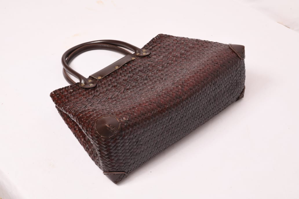 Holdall Woven Bag with Brown Faux Leather